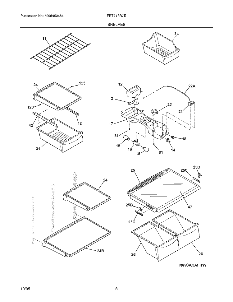 SHELVES Diagram and Parts List for FRT21FR7EB5  Frigidaire Refrigerator