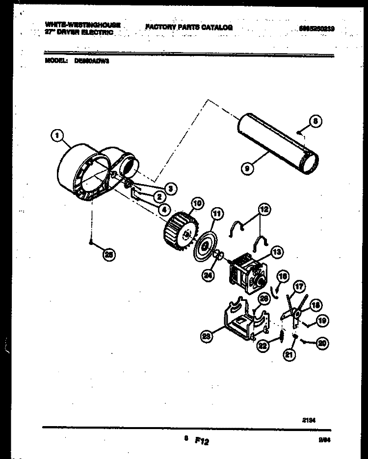 BLOWER AND DRIVE PARTS Diagram and Parts List for DE800ADD3  Frigidaire Dryer