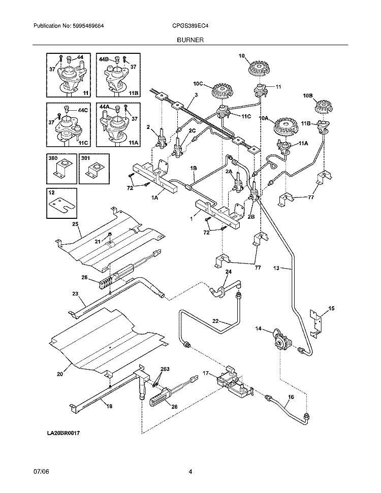BURNER Diagram and Parts List for CPGS389EC4  Frigidaire Range