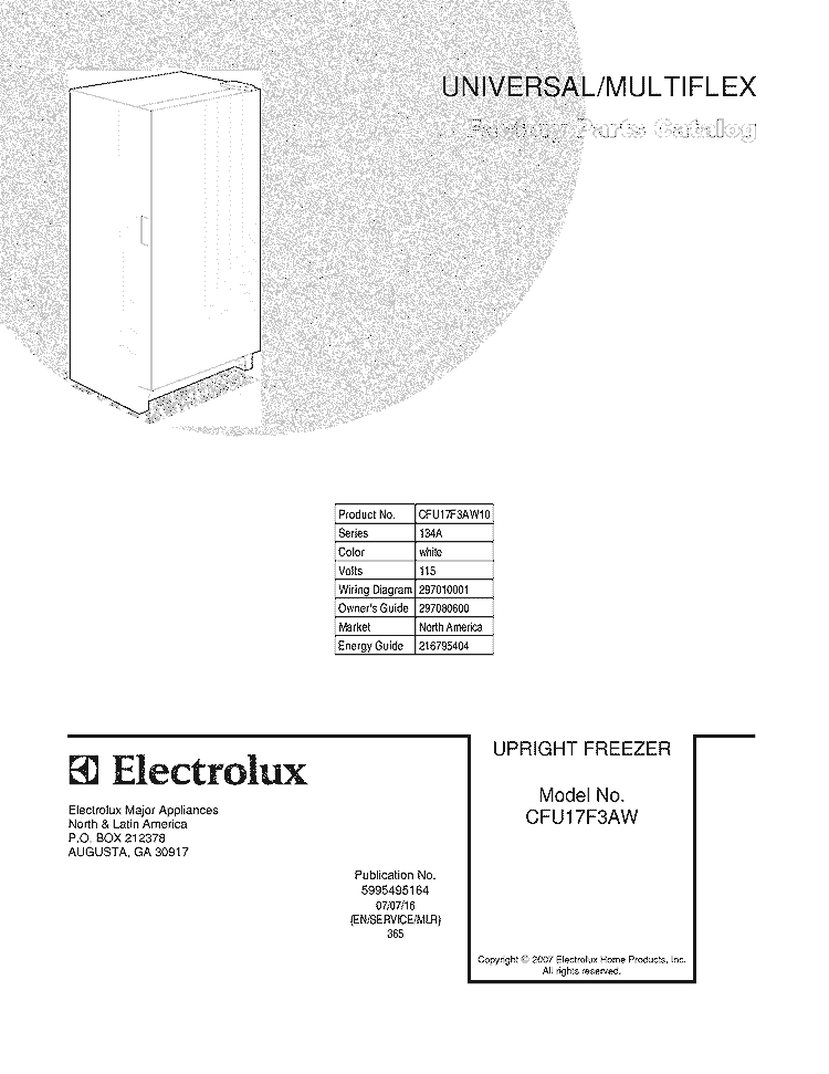 COVER Diagram and Parts List for CFU17F3AW10  Frigidaire Freezer