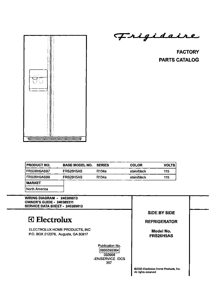 COVER Diagram and Parts List for FRS26H5ASB8  Frigidaire Refrigerator