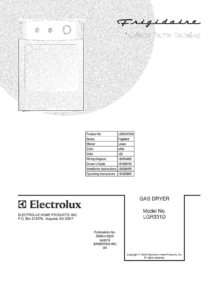 COVER Diagram and Parts List for LGR331DS0  Frigidaire Dryer