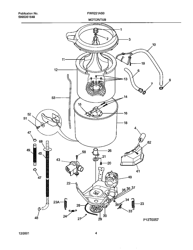 WSHR MTR, HOSE Diagram and Parts List for FWX221AS0  Frigidaire Washer