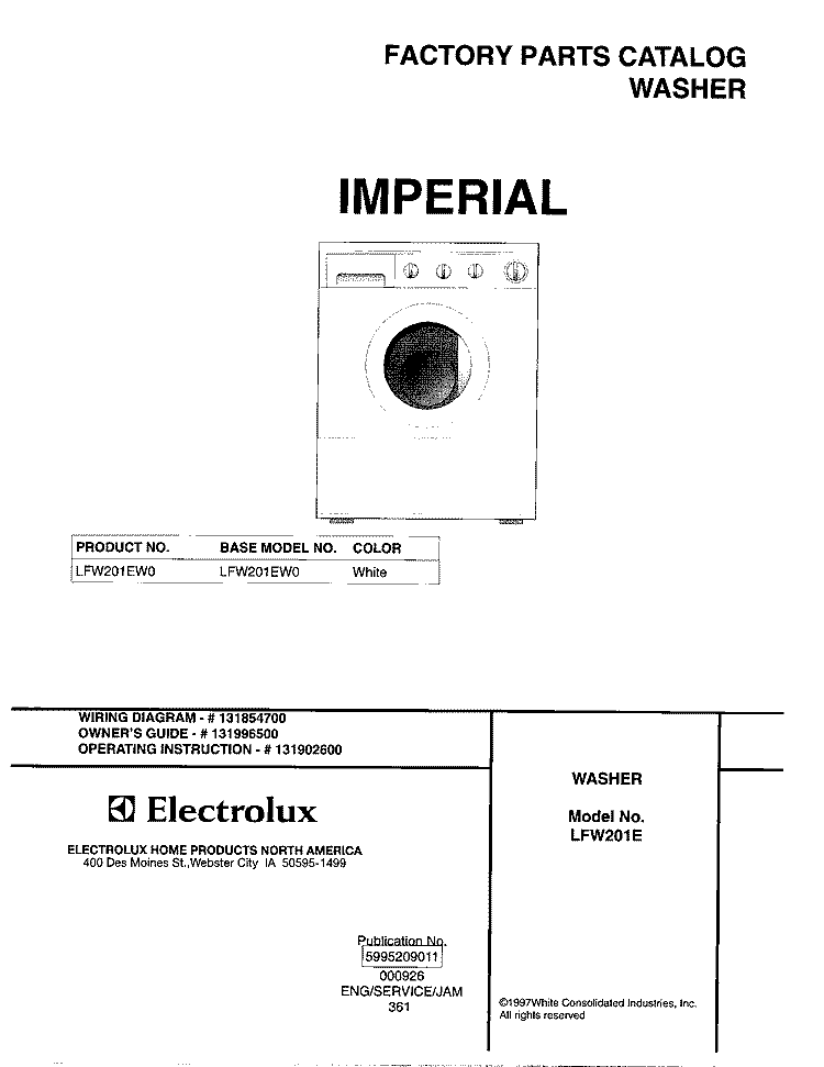 COVER Diagram and Parts List for LFW201EW0  Frigidaire Washer