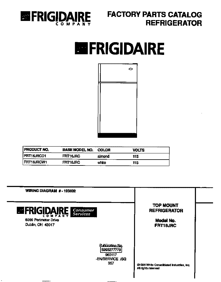 COVER Diagram and Parts List for FRT16JRCD1  Frigidaire Refrigerator
