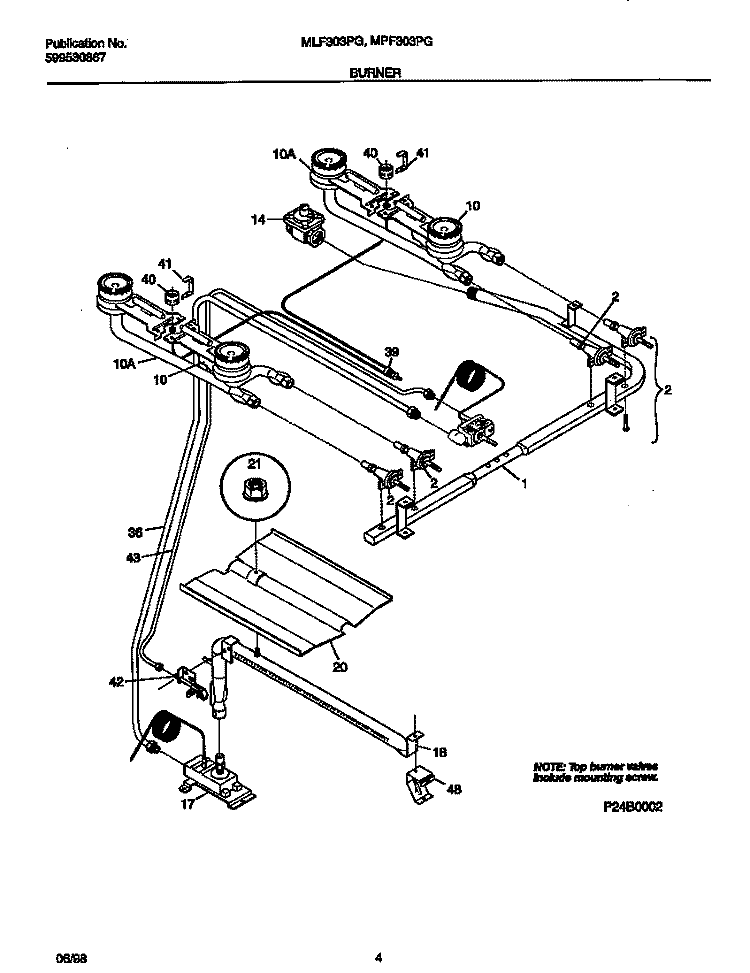 BURNER Diagram and Parts List for MLF303PGDA  Frigidaire Range