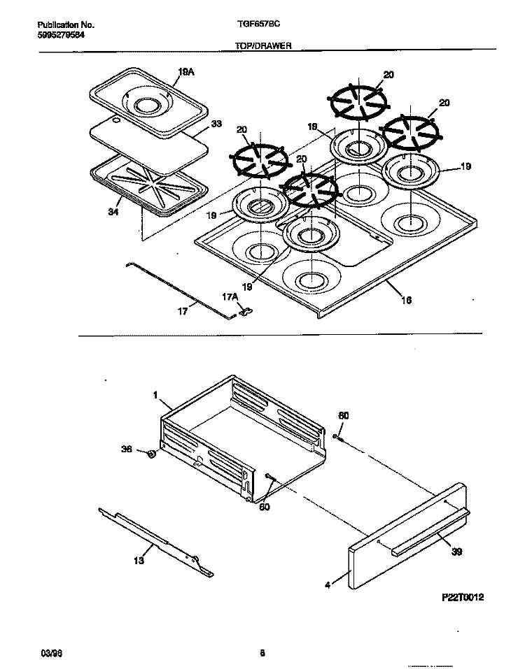 TOP / DRAWER Diagram and Parts List for TGF657BCD2  Tappan Range