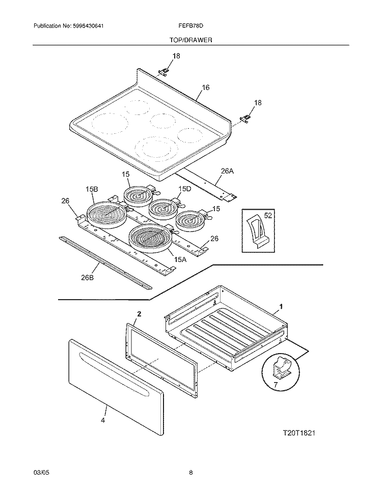 TOP / DRAWER Diagram and Parts List for FEFB78DBD  Frigidaire Range