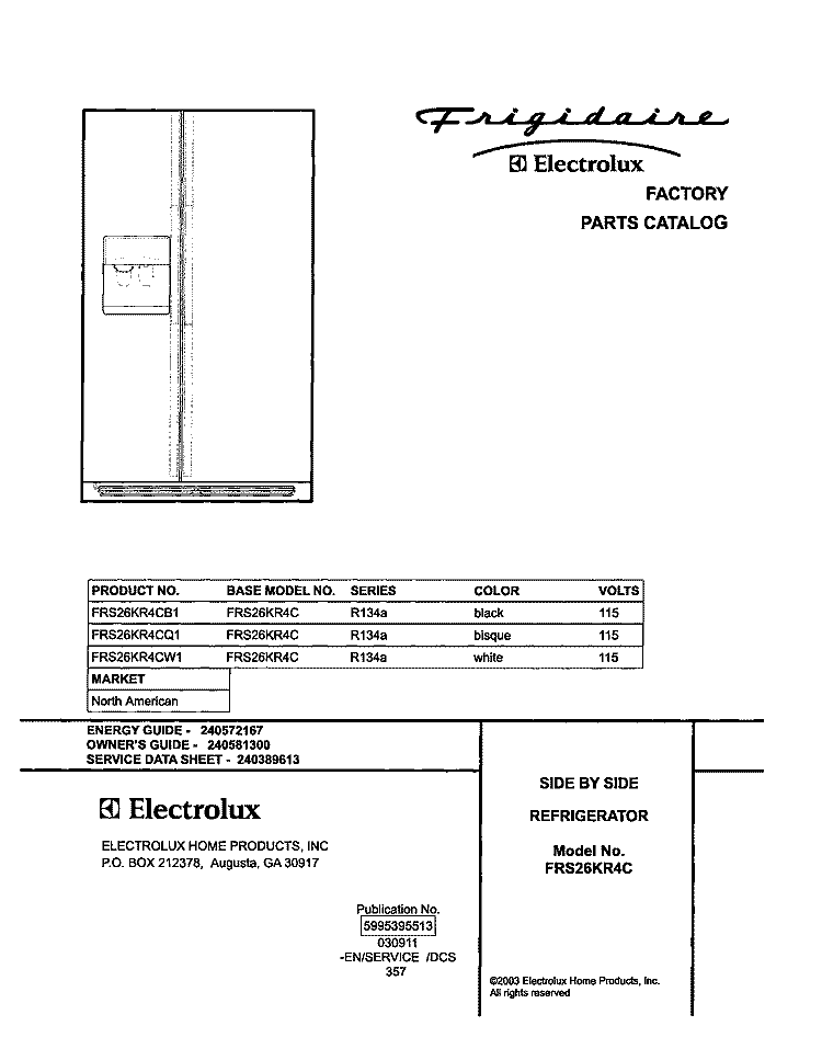 COVER Diagram and Parts List for FRS26KR4CB1  Frigidaire Refrigerator