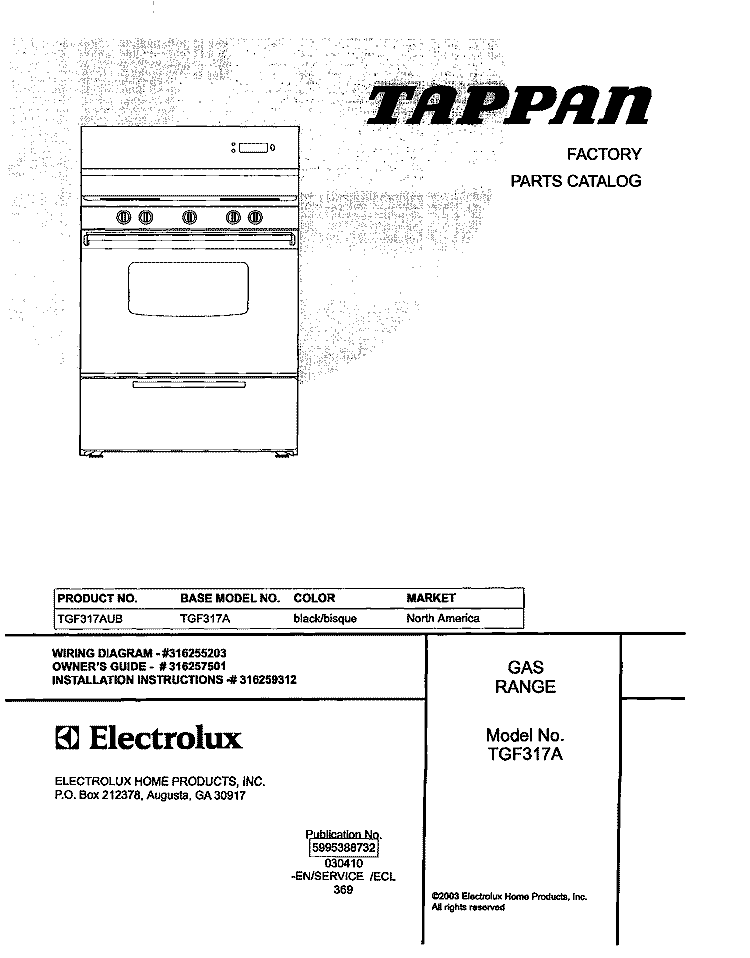COVER Diagram and Parts List for TGF317AUB  Tappan Range