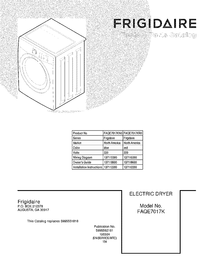 COVER Diagram and Parts List for FAQE7017KR0  Frigidaire Dryer
