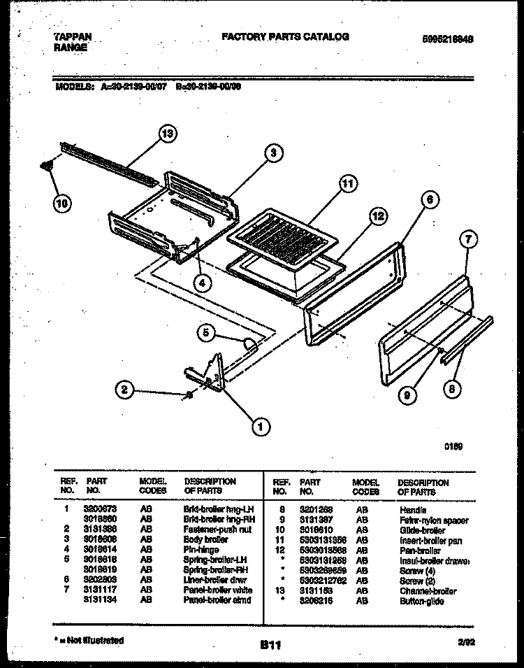 BROILER DRAWER PARTS Diagram and Parts List for 30-2139-23-07  Tappan Range