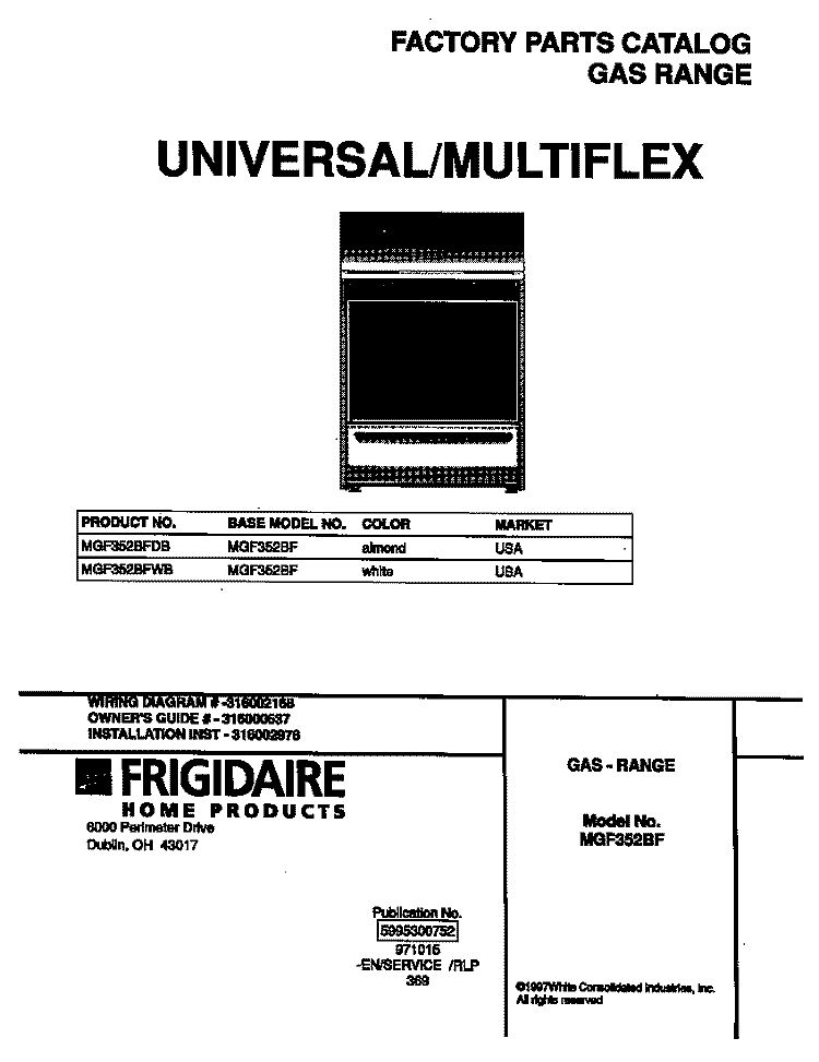 COVER Diagram and Parts List for MGF352BFDB  Frigidaire Range