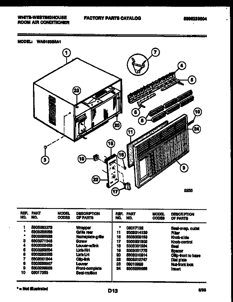 CABINET PARTS Diagram and Parts List for WAS183S2A1  Frigidaire Air Conditioner
