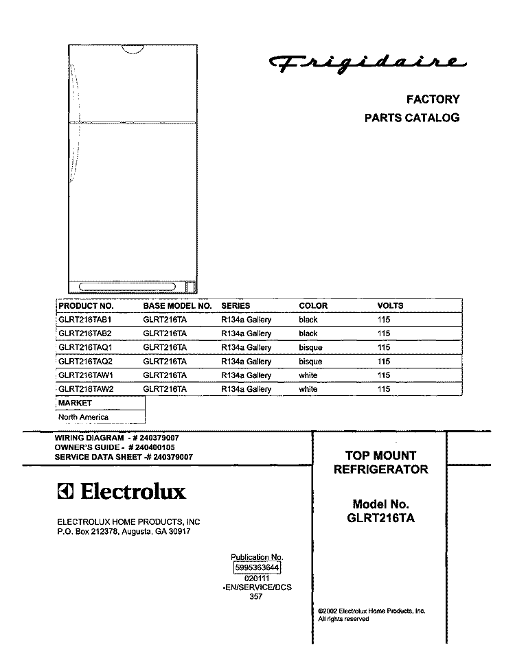 COVER Diagram and Parts List for GLRT216TAQ1  Frigidaire Refrigerator