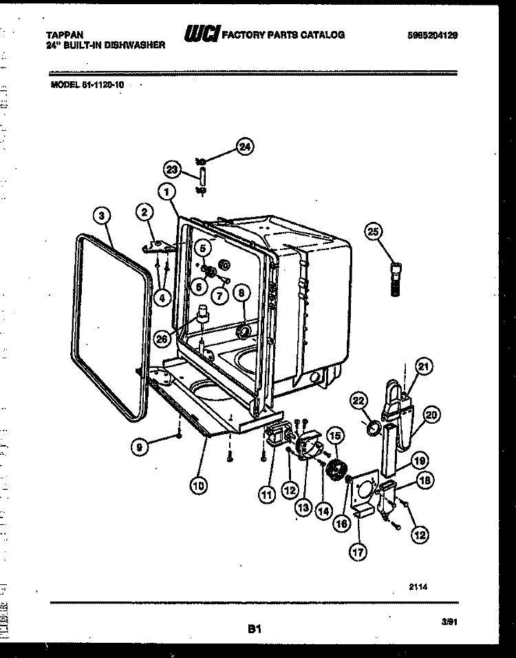 TUB AND FRAME PARTS Diagram and Parts List for 61-1120-00  Tappan Dishwasher