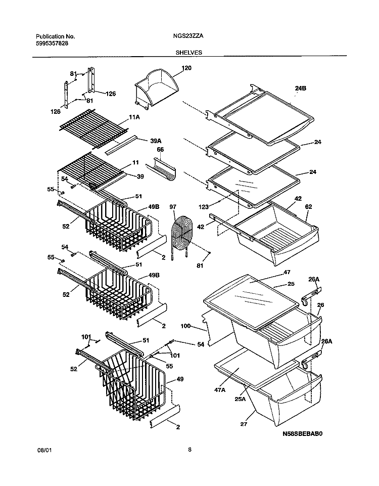 SHELVES Diagram and Parts List for NGS23ZZAW1  Frigidaire Refrigerator