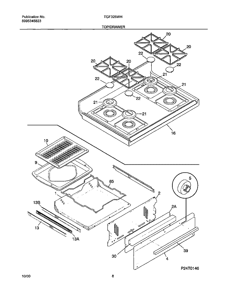 TOP / DRAWER Diagram and Parts List for TGF326WHSE  Tappan Range