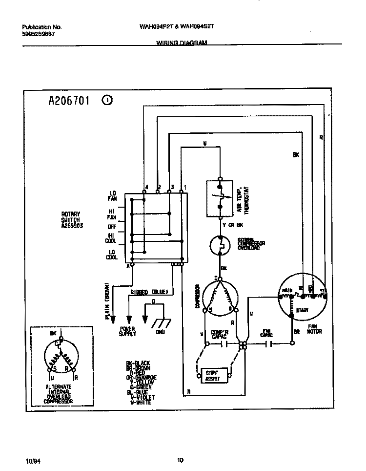 WIRING DIAGRAM Diagram and Parts List for WAH094P2T2  Frigidaire Air Conditioner