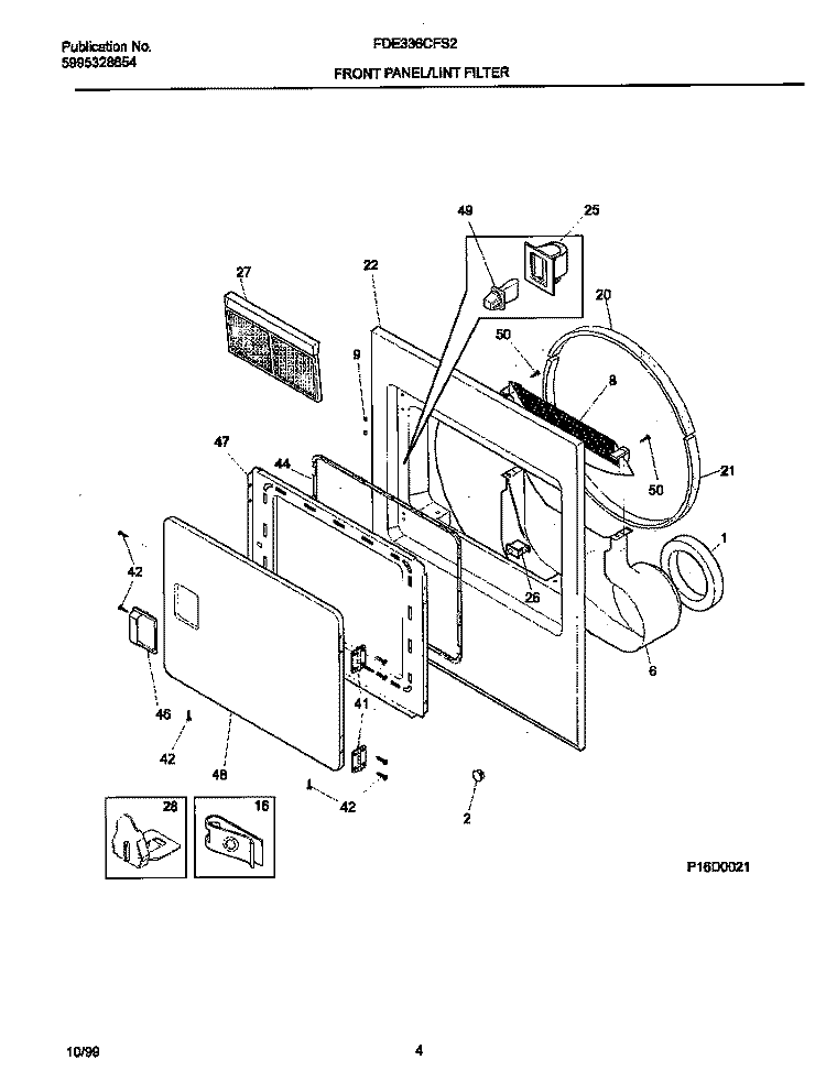 P16D0021 FRNT PNL, DOOR Diagram and Parts List for FDE336CFS2  Frigidaire Dryer