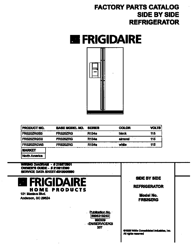 COVER Diagram and Parts List for FRS20ZRGD3  Frigidaire Refrigerator