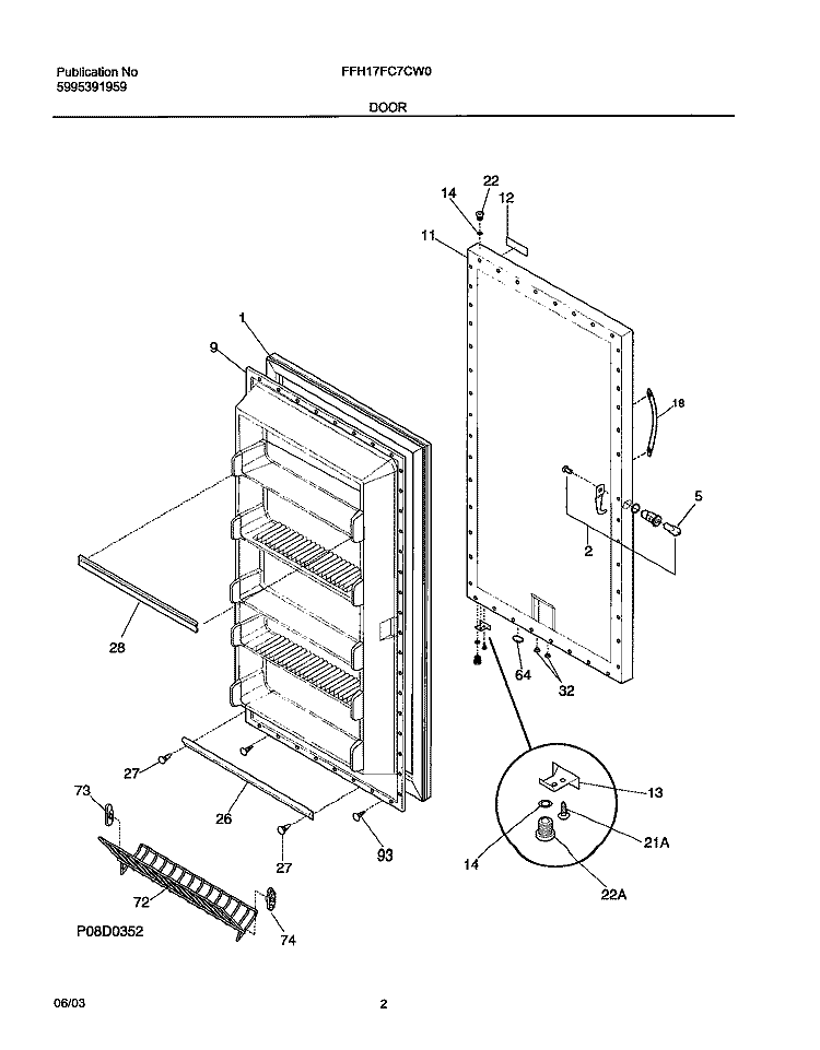 DOOR Diagram and Parts List for FFH17FC7CW0  Frigidaire Freezer