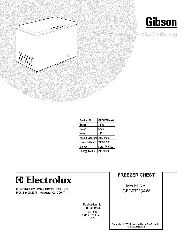 COVER Diagram and Parts List for GFC07M3AW4  Gibson Freezer
