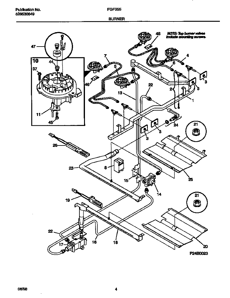 BURNER Diagram and Parts List for FGF355CGSB  Frigidaire Range