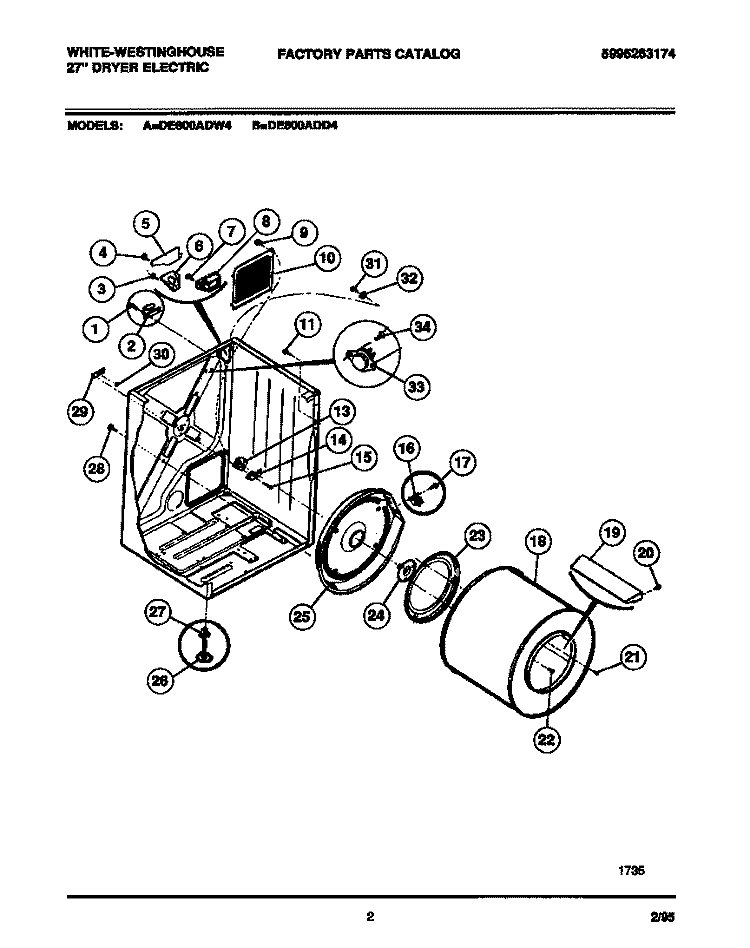 CABINET, DRUM, HEATER ASSEMBLY Diagram and Parts List for DE800ADD4  Frigidaire Dryer