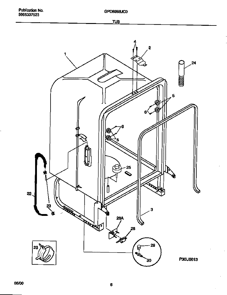 TUB Diagram and Parts List for GPDB998JC0  Frigidaire Dishwasher