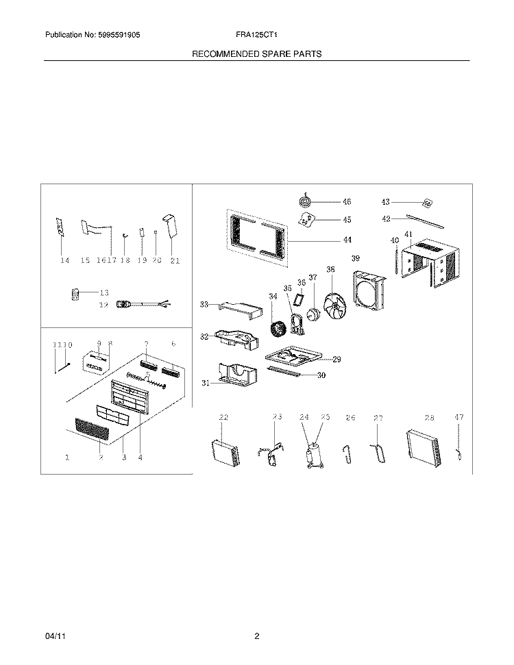 RECOMMENDED SPARE PARTS Diagram and Parts List for FRA125CT14  Frigidaire Air Conditioner