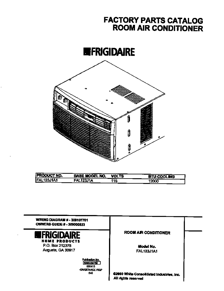 COVER Diagram and Parts List for FAL123J1A1  Frigidaire Air Conditioner
