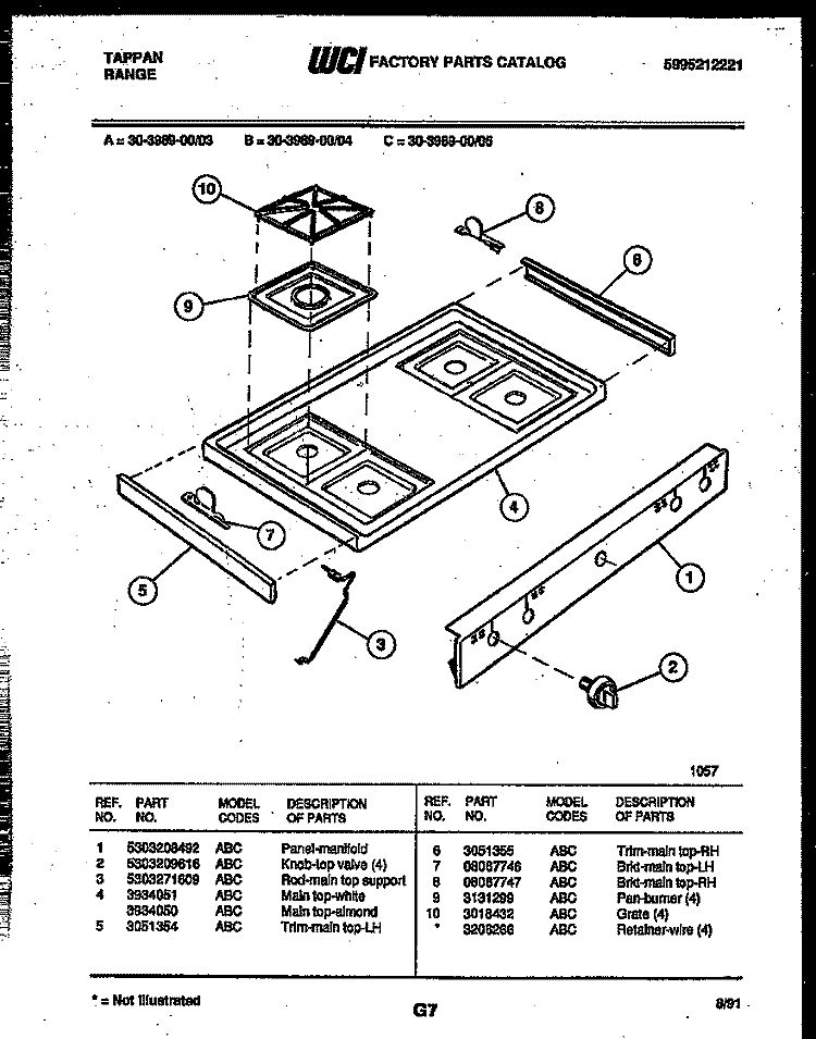 COOKTOP PARTS Diagram and Parts List for 30-3989-00-03  Tappan Range