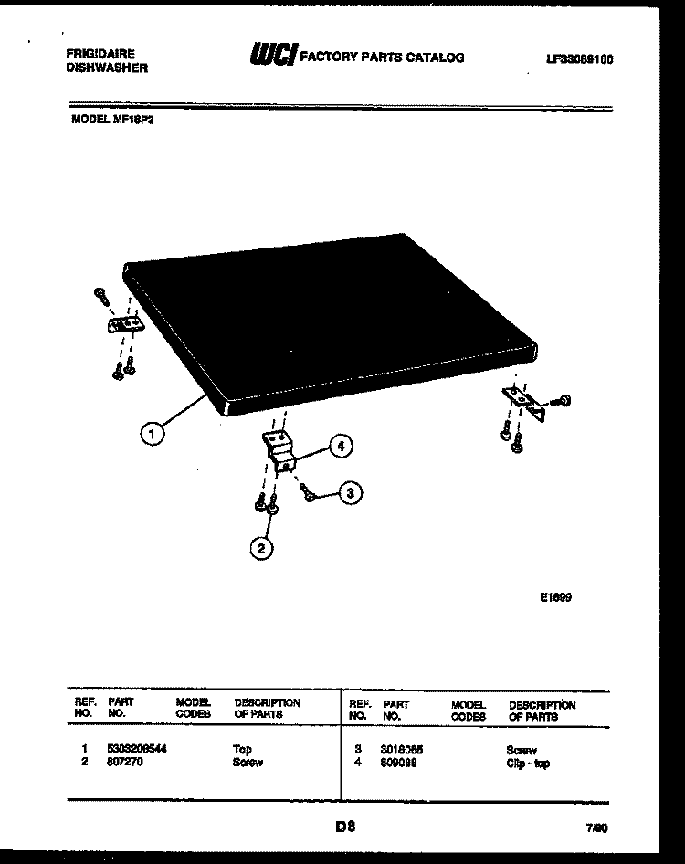 TOP PARTS Diagram and Parts List for MF18P2  Frigidaire Dishwasher