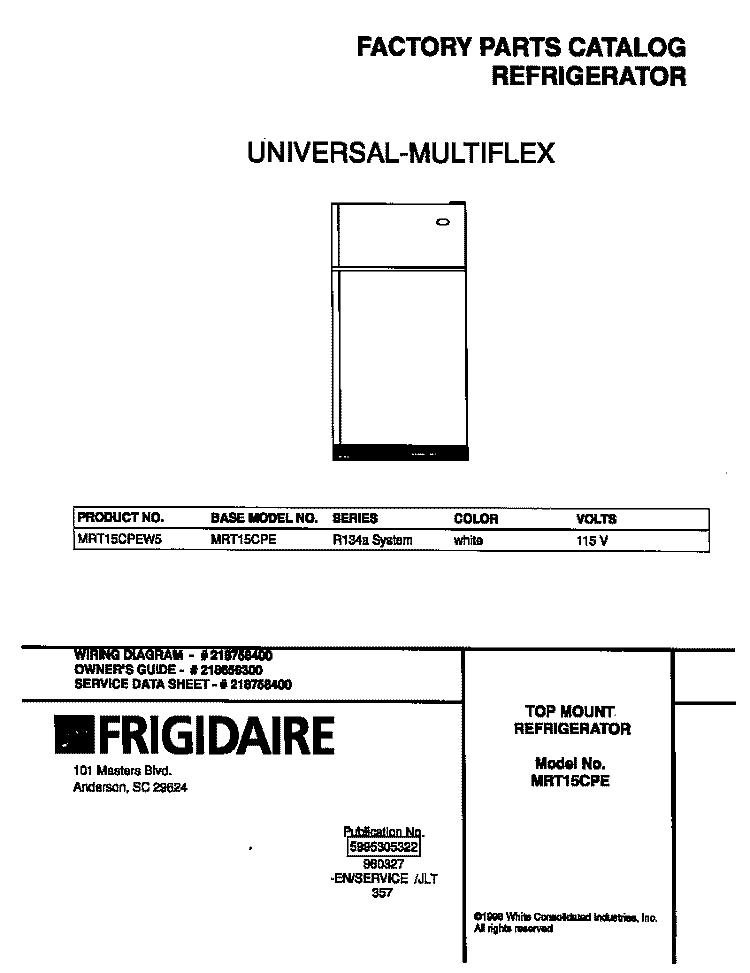 COVER Diagram and Parts List for MRT15CPEW5  Frigidaire Refrigerator