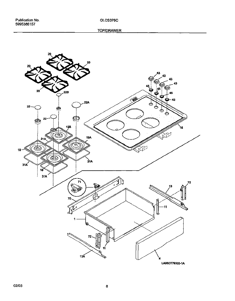 TOP / DRAWER Diagram and Parts List for GLCS376CSA  Frigidaire Range