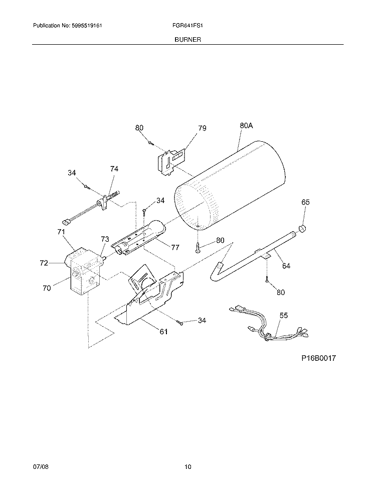 BURNER Diagram and Parts List for FGR641FS1  Frigidaire Dryer