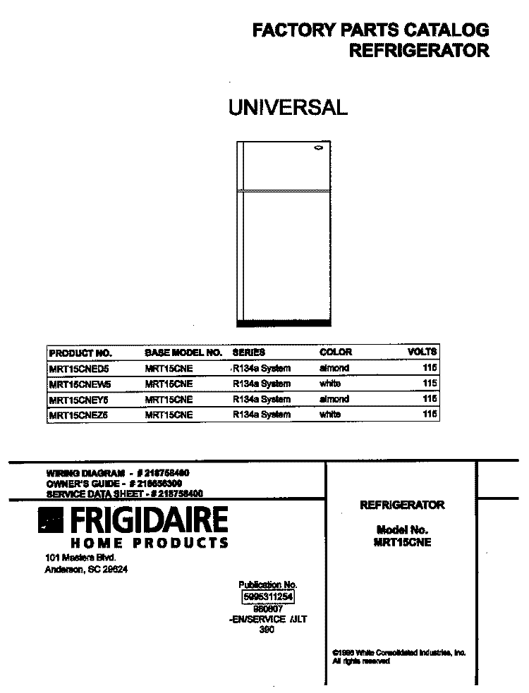 COVER Diagram and Parts List for MRT15CNED5  Frigidaire Refrigerator