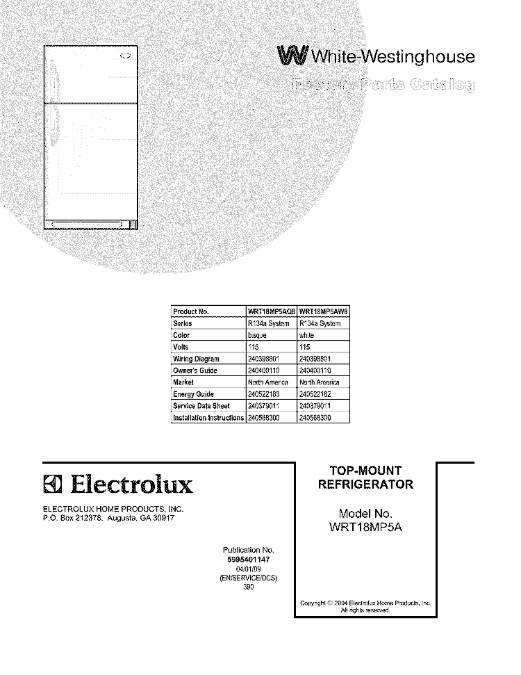 COVER Diagram and Parts List for WRT18MP5AW8  Westinghouse Refrigerator