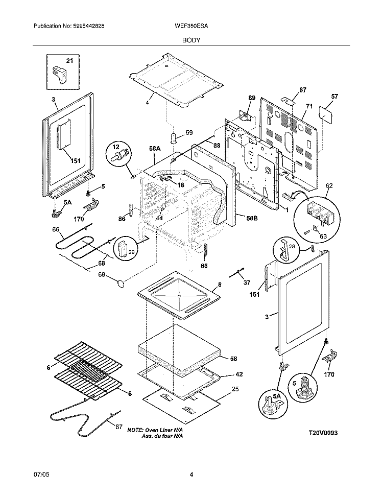 BODY Diagram and Parts List for WEF350ESA  Westinghouse Range