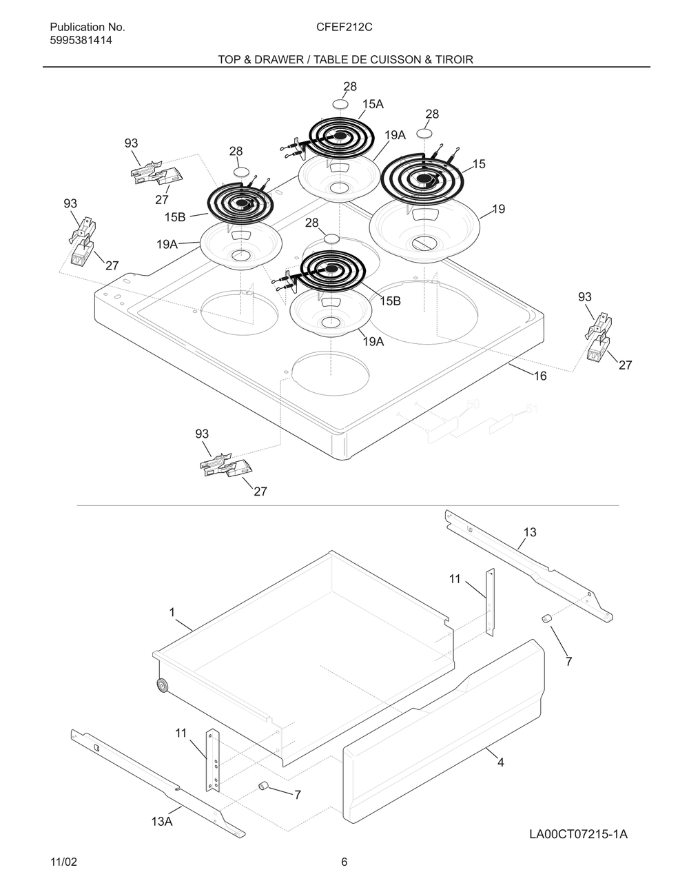 Top And Drawer / Table De Cuisson And Tiroir Diagram and Parts List for CFEF212CS1  Frigidaire Range