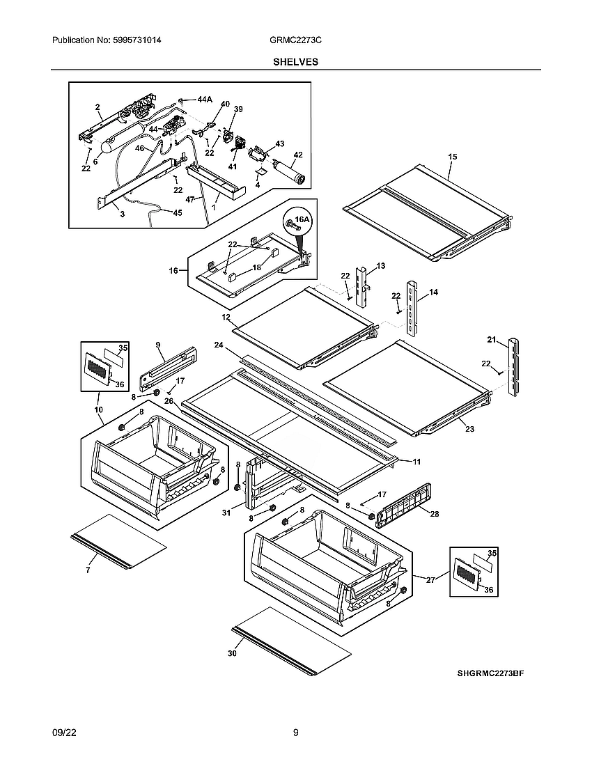 Shelves Diagram and Parts List for GRMC2273CD00  Frigidaire Refrigerator