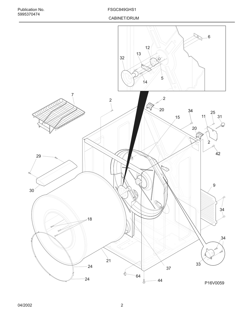 Cabinet/Drum Diagram and Parts List for FSGC849GHS1  Frigidaire Dryer