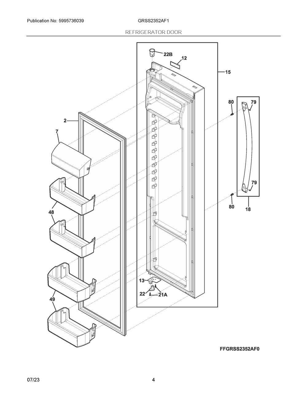 Refrigerator Door Diagram and Parts List for GRSS2352AF1  Frigidaire Refrigerator