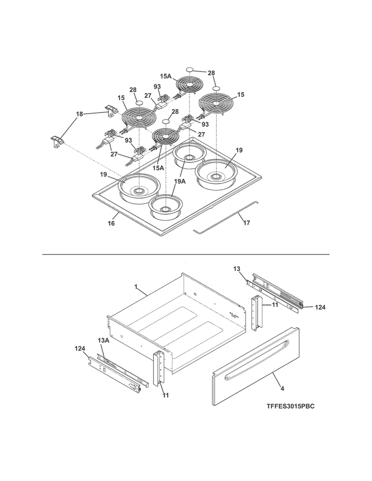 Top/drawer Diagram and Parts List for FFES3015PWC  Frigidaire Range