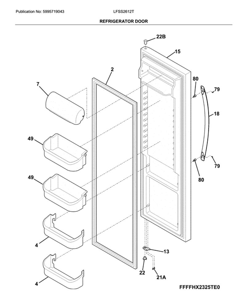 Fresh Food Door Diagram and Parts List for LFSS2612TE0  Frigidaire Refrigerator