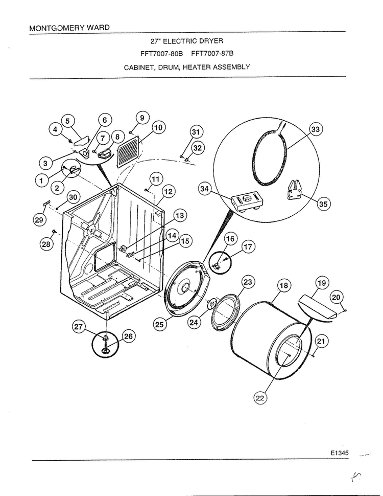 Cabinet, Drum, Heater Assembly Diagram and Parts List for 7007B  Frigidaire Dryer