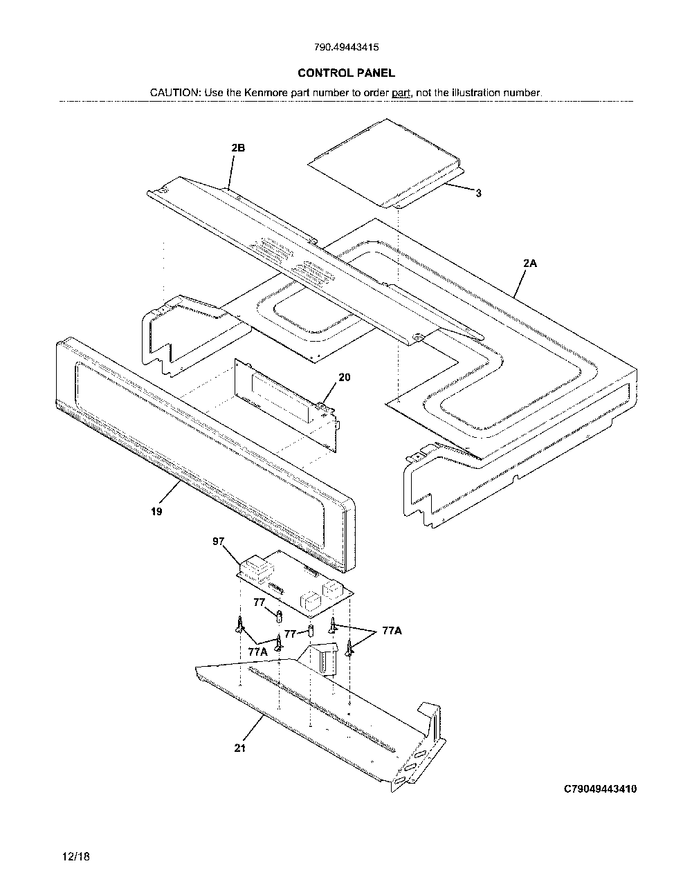 Control panel Diagram and Parts List for 79049443415  Kenmore Wall Oven