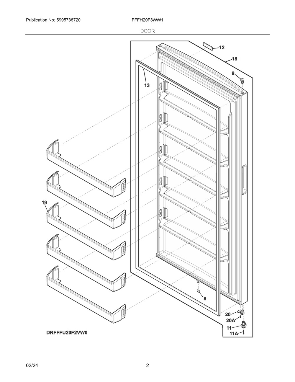 Door Diagram and Parts List for FFFH20F3WW1  Frigidaire Freezer