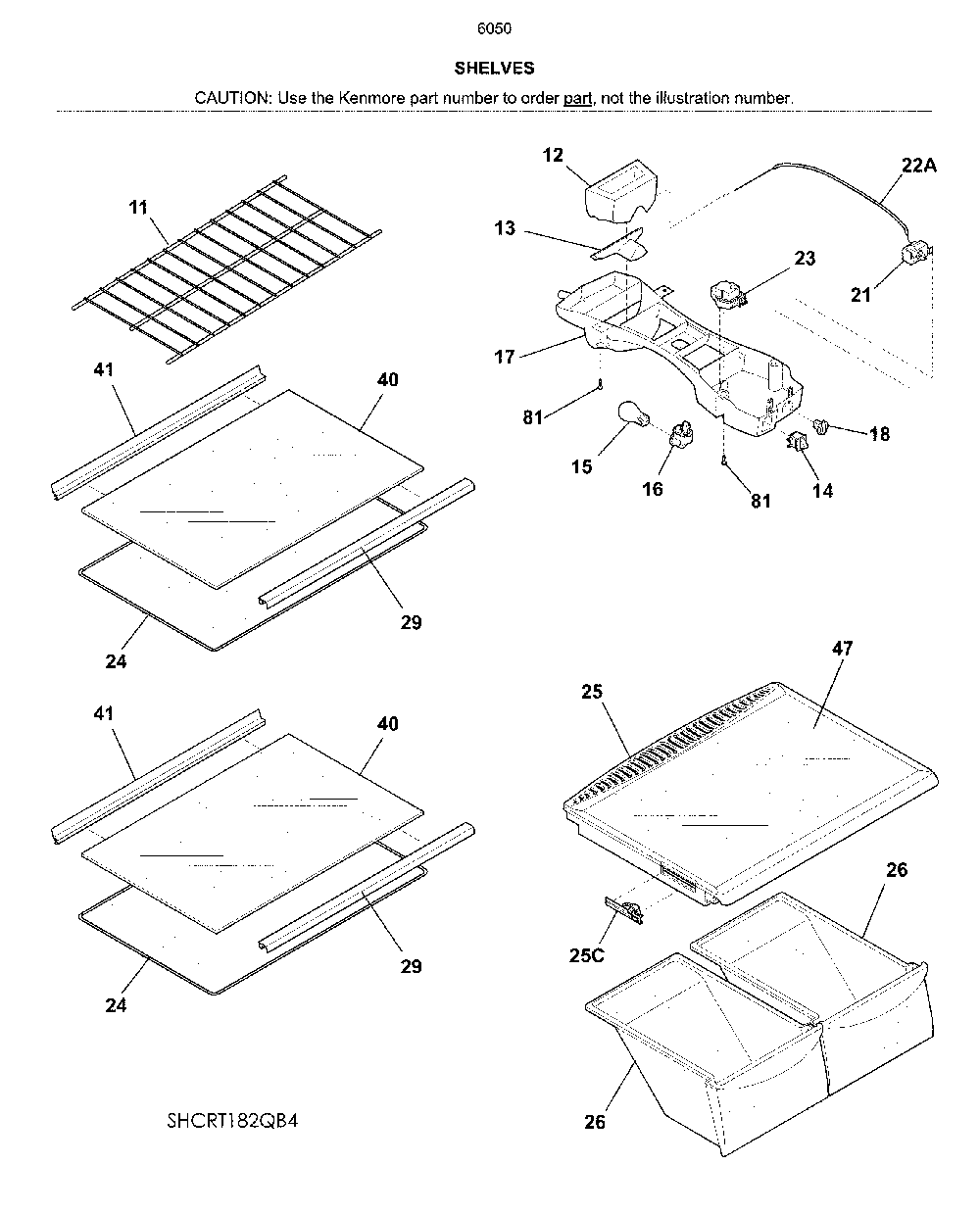 Shelves Diagram and Parts List for 25360505617  Kenmore Refrigerator